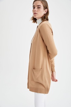 DeFacto, Cardigan lung fara inchidere cu buzunare aplicate, Bej DeFacto, Cardigan lung fara inchidere cu buzunare aplicate, Bej