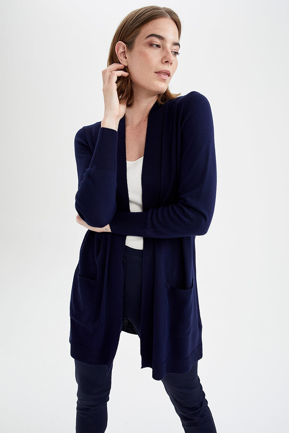 DeFacto, Cardigan lung fara inchidere cu buzunare aplicate, Bleumarin