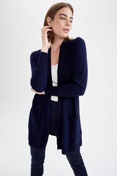 DeFacto, Cardigan lung fara inchidere cu buzunare aplicate, Bleumarin DeFacto, Cardigan lung fara inchidere cu buzunare aplicate, Bleumarin