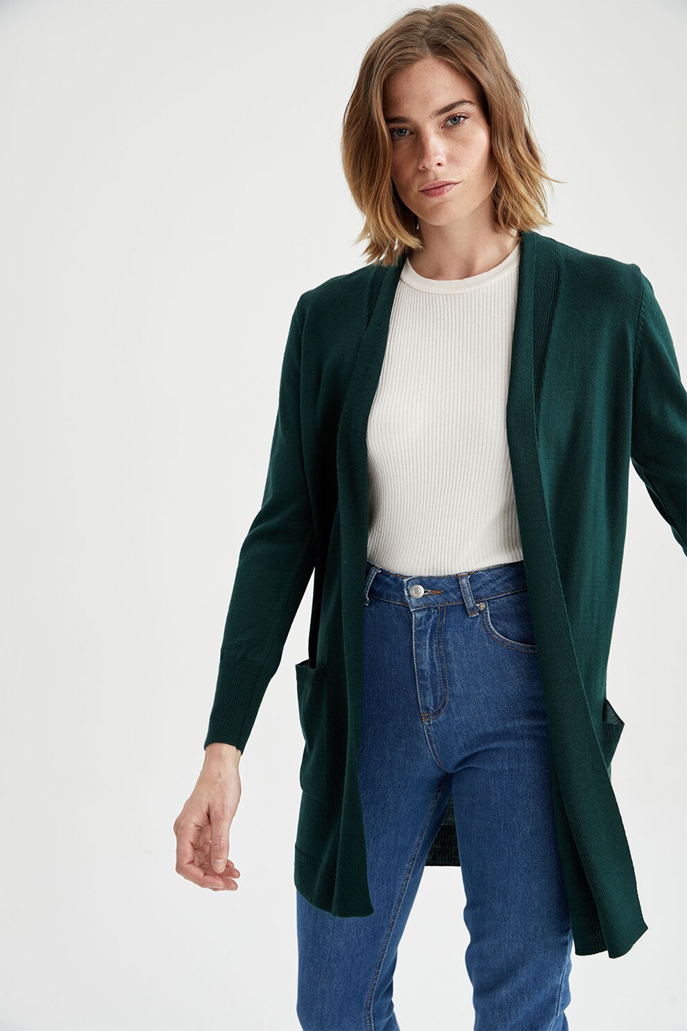 DeFacto, Cardigan lung fara inchidere cu buzunare aplicate, Verde forest