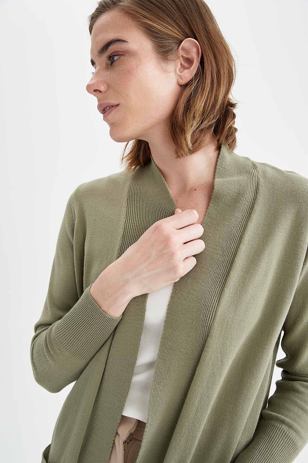 DeFacto, Cardigan lung fara inchidere cu buzunare aplicate, Verde oliv