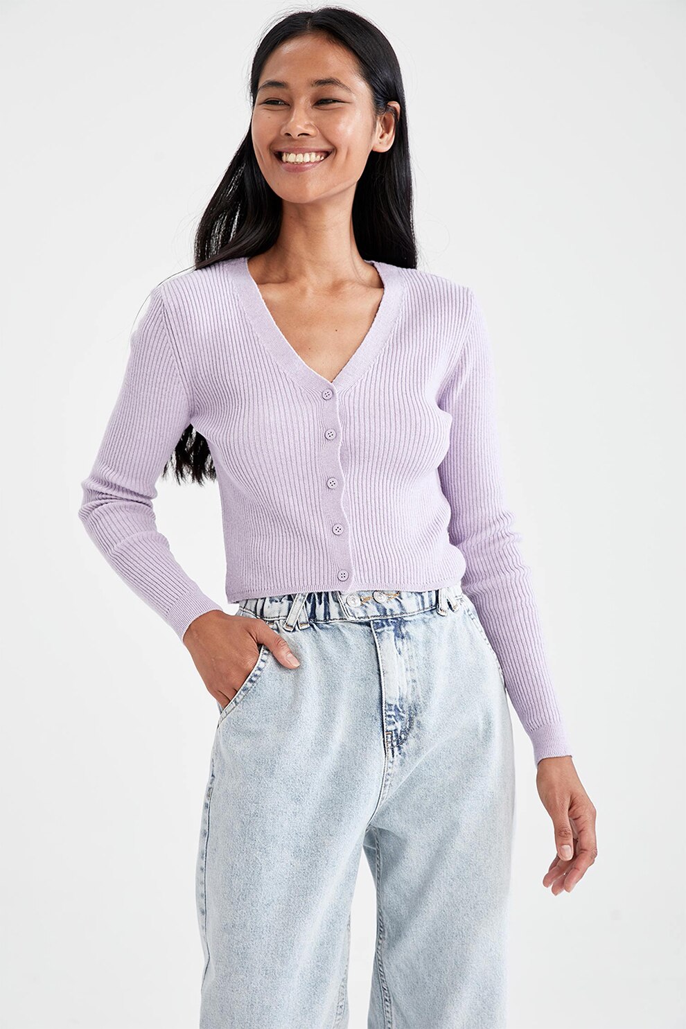 DeFacto, Cardigan crop cu decolteu in V si aspect striat, Lila