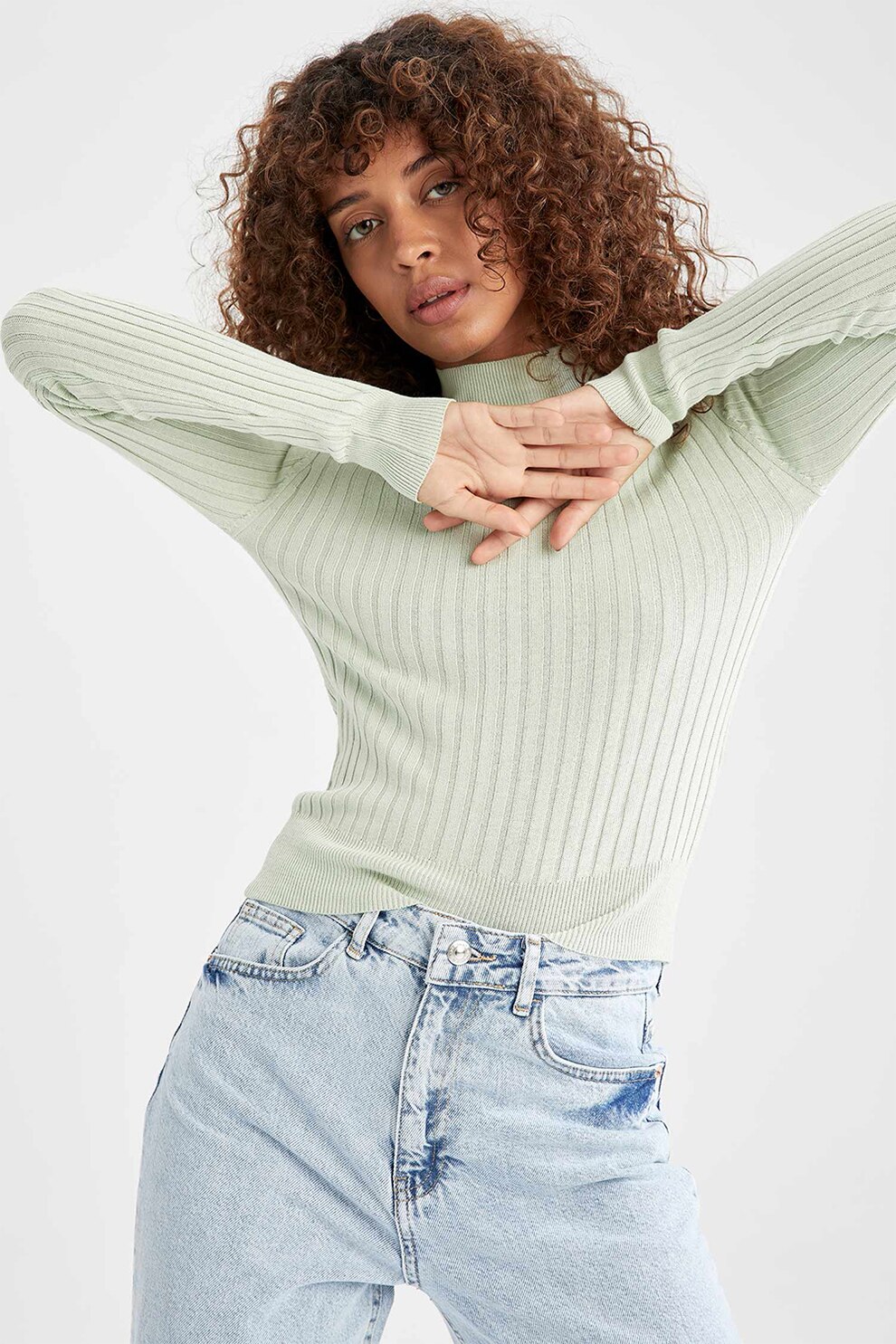 DeFacto, Pulover cu striatii si guler inalt, Verde menta