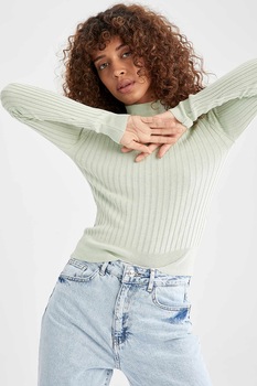 DeFacto, Pulover cu striatii si guler inalt, Verde menta DeFacto, Pulover cu striatii si guler inalt, Verde menta