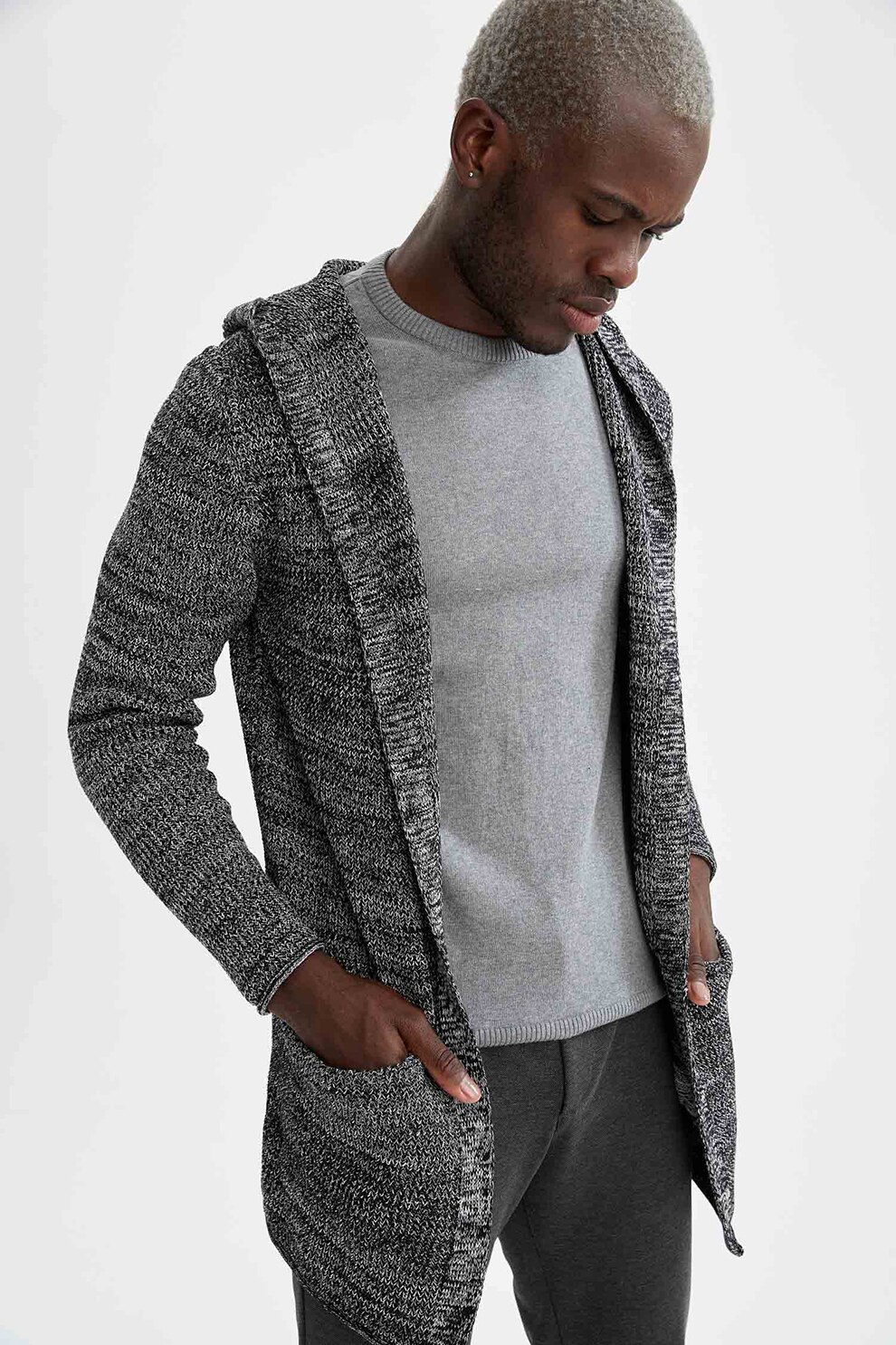 DeFacto, Cardigan cu gluga si buzunare, Negru melange, S