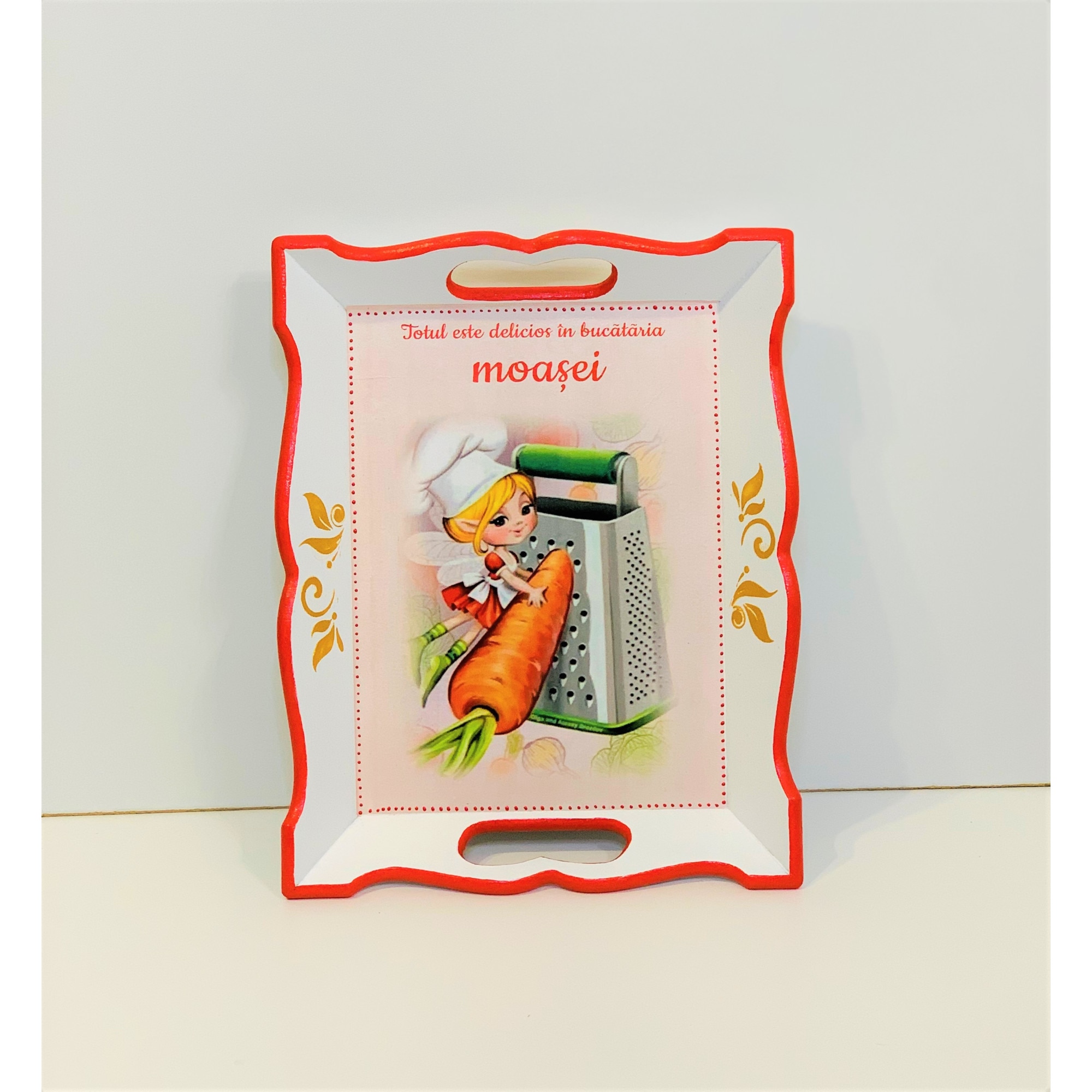 Tava personalizata Moasa, lemn, rosu/alb, 31 cm