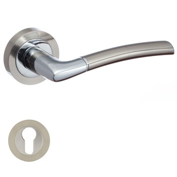 Set maner usa de interior, Domino, model Presto, crom nickel mat, cu rozeta rotunda filetata Set maner usa de interior, Domino, model Presto, crom nickel mat, cu rozeta rotunda filetata