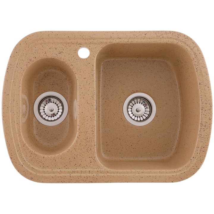 Gyanta kompozit mosogatótálca, 65 x 47 cm, 2 medence szifonnal, nagy jobb medence, mélység 18 cm, beépíthető, gránit karamell