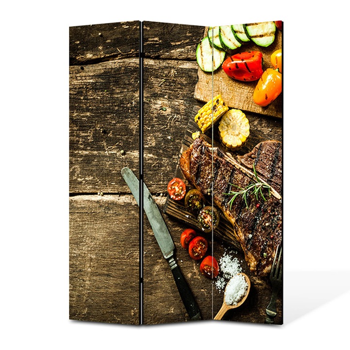 Paravan 3 piese Premium TrueColor, Art Star, Legume la gratar aranjate frumos, Culinar, Panza pe cadru de lemn, Decoratiuni Moderne pentru Casa, 3 Panouri de 45x150, 135 x 150 cm