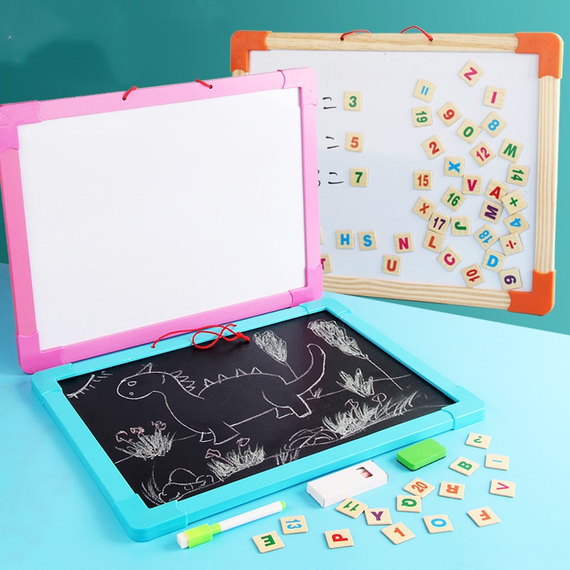 Tabla Multifunctionala AKU Magnetica cu 2 fete, Scris si Desenat, 54 Litere si Cifre magnetice , cu Set Creta Colorata Marker Buret, din Lemn ecologic Drawing Board pentru Copii AK8358