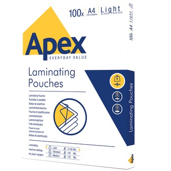 Folie laminare, A4, 80 microni, 100 bucati/set, APEX Folie laminare, A4, 80 microni, 100 bucati/set, APEX