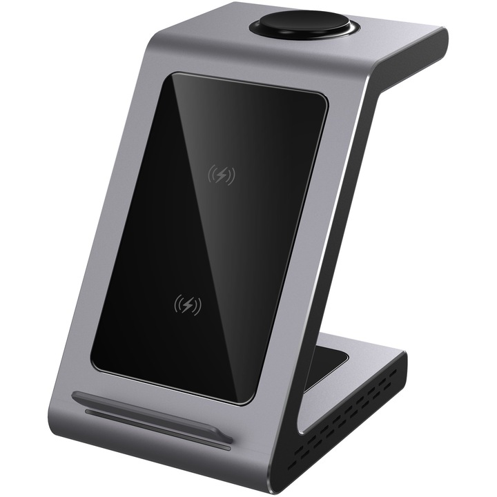 Безжично зарядно за телефон Prestigio ReVolt A8, 3-in-1 charger, за iPhone, Apple Watch, AirPods, Сив SS30255