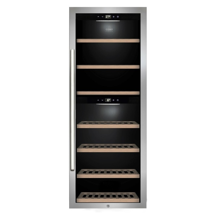 Racitor de vin Caso Germany, WinePremium 126 Smart, capacitate 126 sticle, H 159.5 cm, 2 zone de racire 5-20°C, control smart Wi-Fi, compresor, usa anti-UV, silentios, iluminare LED, editie speciala, negru