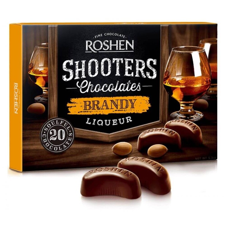 Csokoládé praliné Roshen Shooters pálinkás alkohollal, 150 g, Brandy Cream