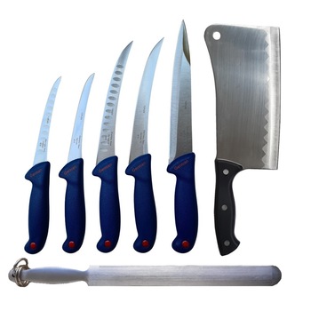 Set Profesional pentru macelarie format din 5 cutite, satar, si pila pentru ascutit, otel inoxidabil Set Profesional pentru macelarie format din 5 cutite, satar, si pila pentru ascutit, otel inoxidabil