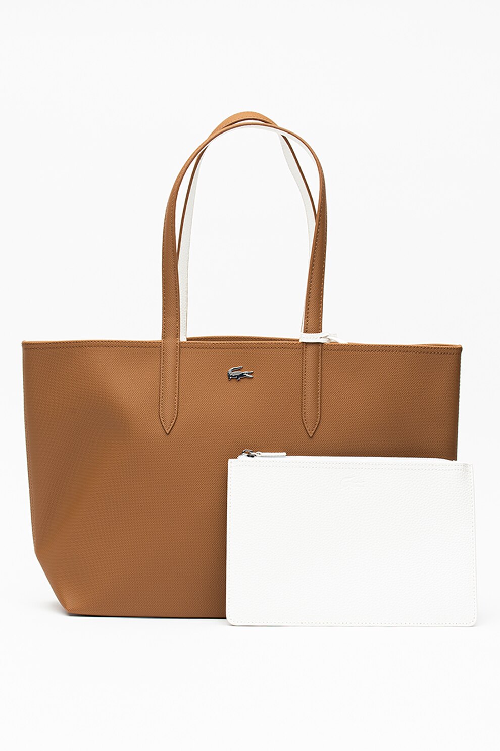 Lacoste, Geanta shopper reversibila din piele ecologica cu etui detasabil, Maro caramel