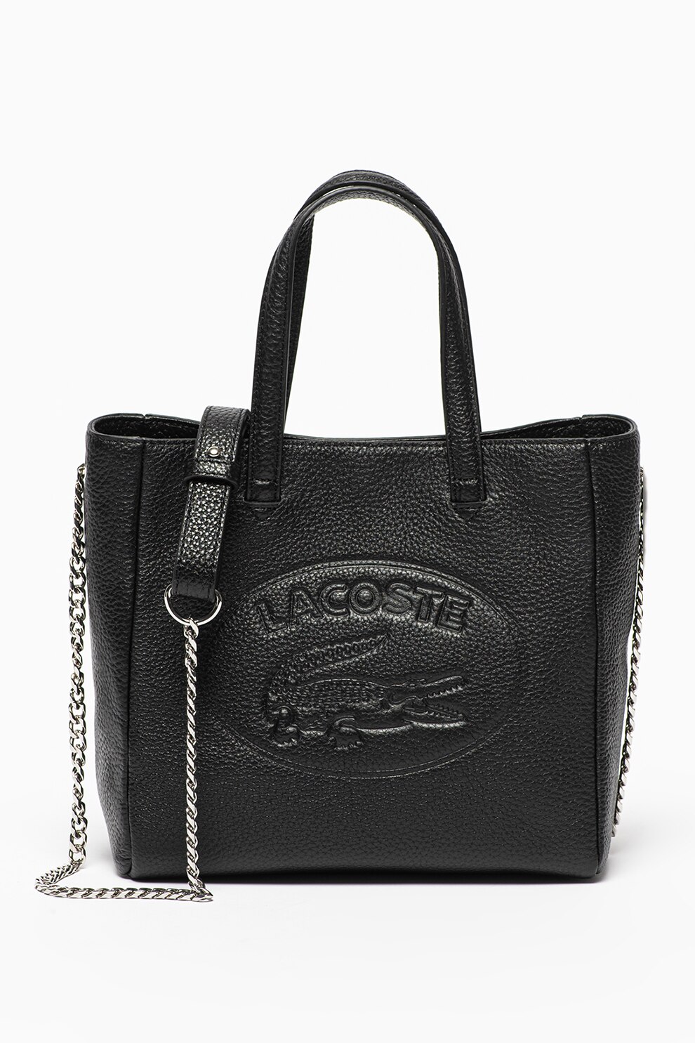 Lacoste, Geanta de piele cu manere si bareta detasabila de lant, Negru