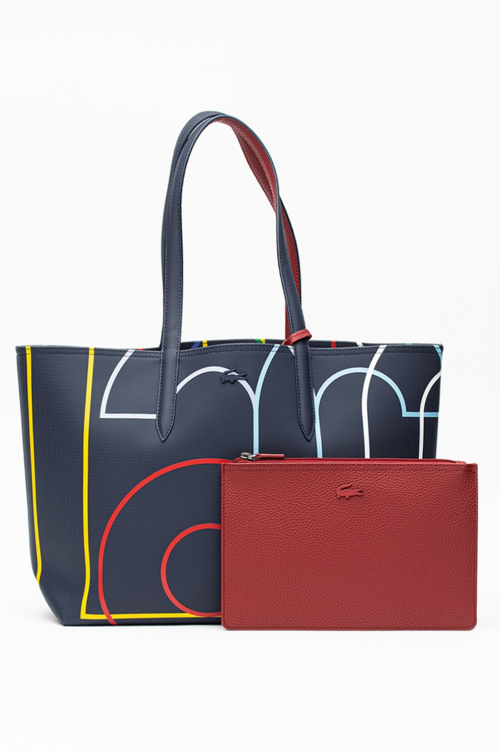 Lacoste, Geanta shopper reversibila din piele ecologica cu model logo, Bleumarin/Galben/Rosu