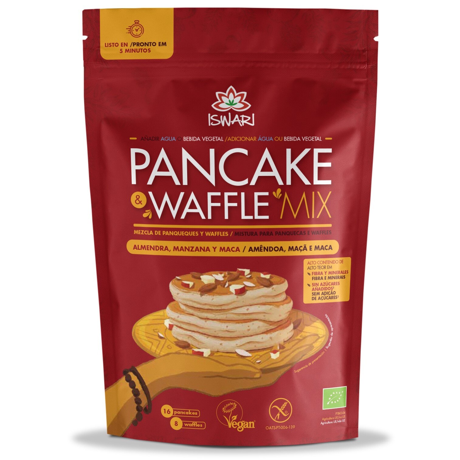 Mix pentru clatite si vafe bio cu migdale si maca Iswari, 400 g