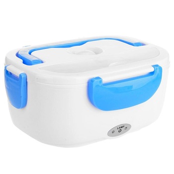 Caserola pentru mancare cu incalzire electrica, cu 2 compartimente, volum 1,05L, putere 40W, alb/albastru Caserola pentru mancare cu incalzire electrica, cu 2 compartimente, volum 1,05L, putere 40W, alb/albastru