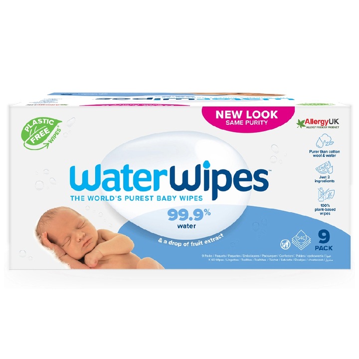 Мокри кърпички Water Wipes, 9 пакета x 60 броя, 540 броя