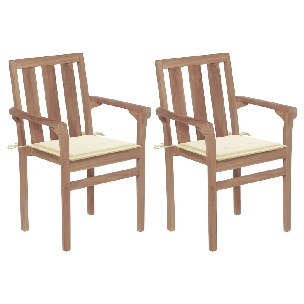 Set de 2 scaune de gradina cu perne, vidaXL, Lemn de tec slefuit - poliester, 58 x 50 x 89 cm, Maro/Crem