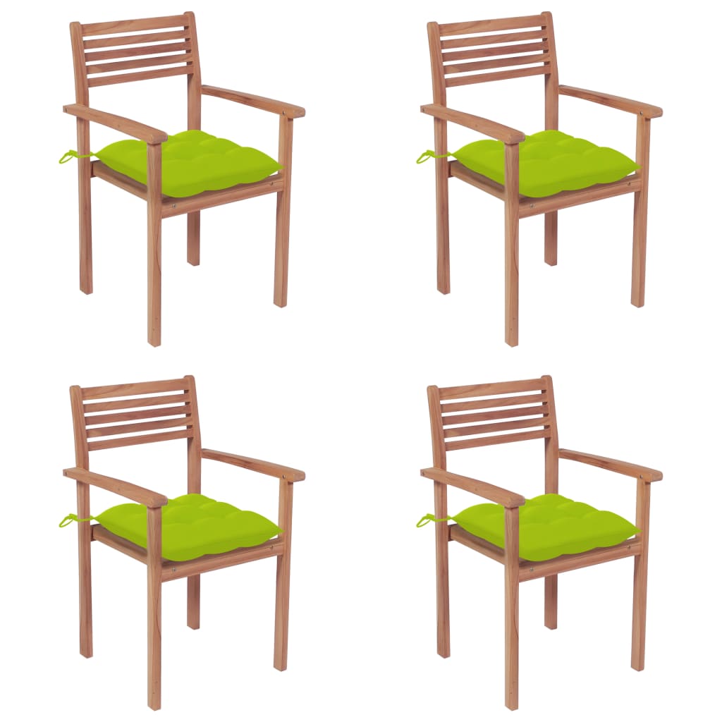 Set de 4 scaune de gradina cu perne, vidaXL, Lemn de tec slefuit fin - poliester, 56 x 51 x 90 cm, 7 cm, Maro/Perne verde aprins