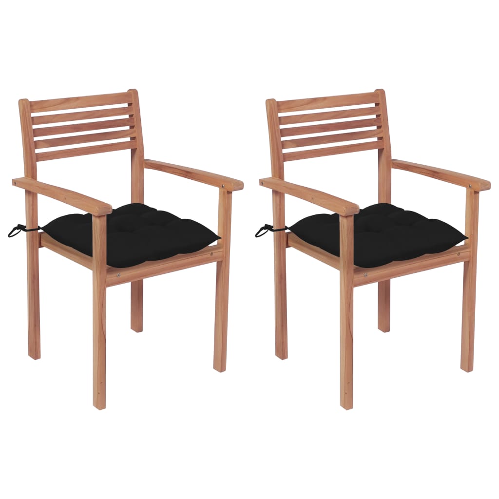 Set de 2 scaune de gradina cu perne, vidaXL, Lemn de tec slefuit fin - poliester, 56 x 51 x 90 cm, 7 cm, Maro/Perne Negru