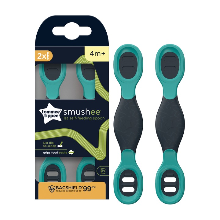 Комплект от 2 лъжички Tommee Tippee, 4+ месеца, Сив/Зелен