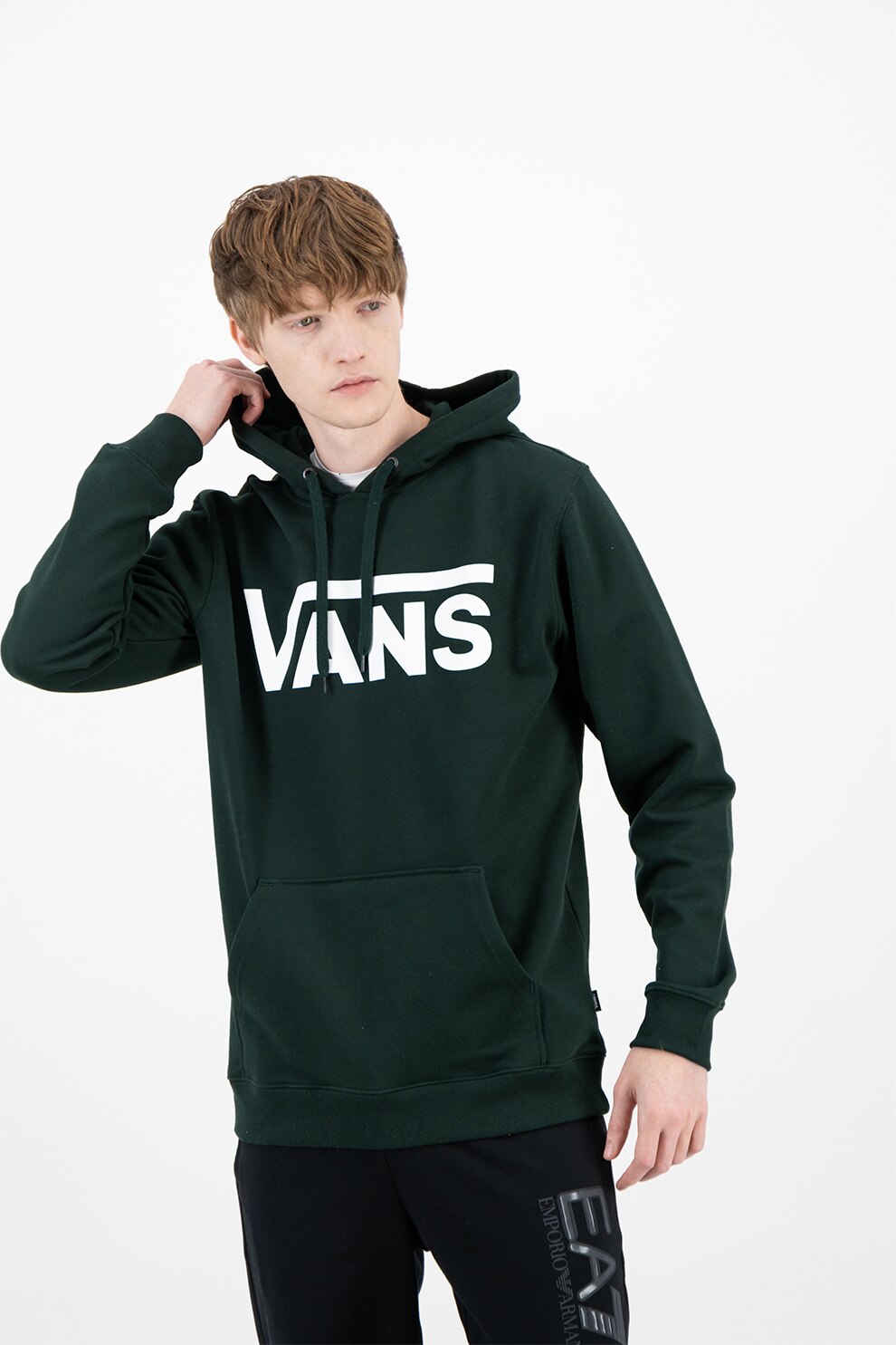 Vans, Hanorac cu logo si buzunar kangaroo, Verde englez/Alb