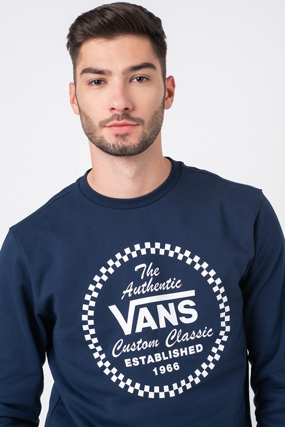 Vans, Bluza sport cu decolteu la baza gatului si imprimeu logo contrastant, Bleumarin