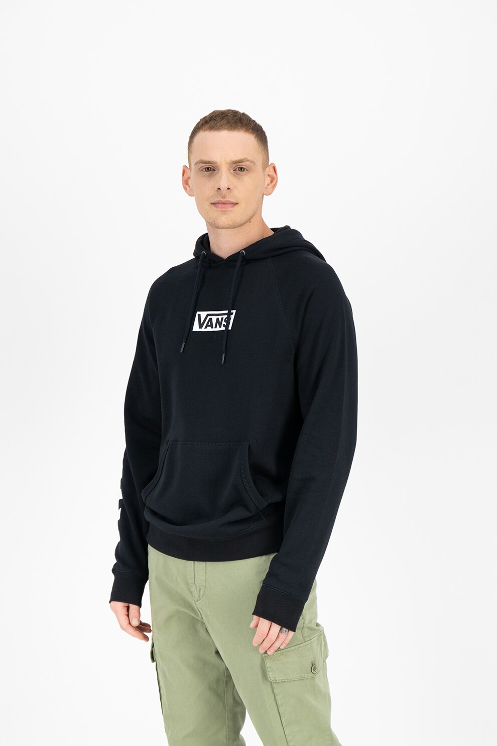 Vans, Hanorac cu imprimeu si buzunar kangaroo Hogo, Negru/Alb