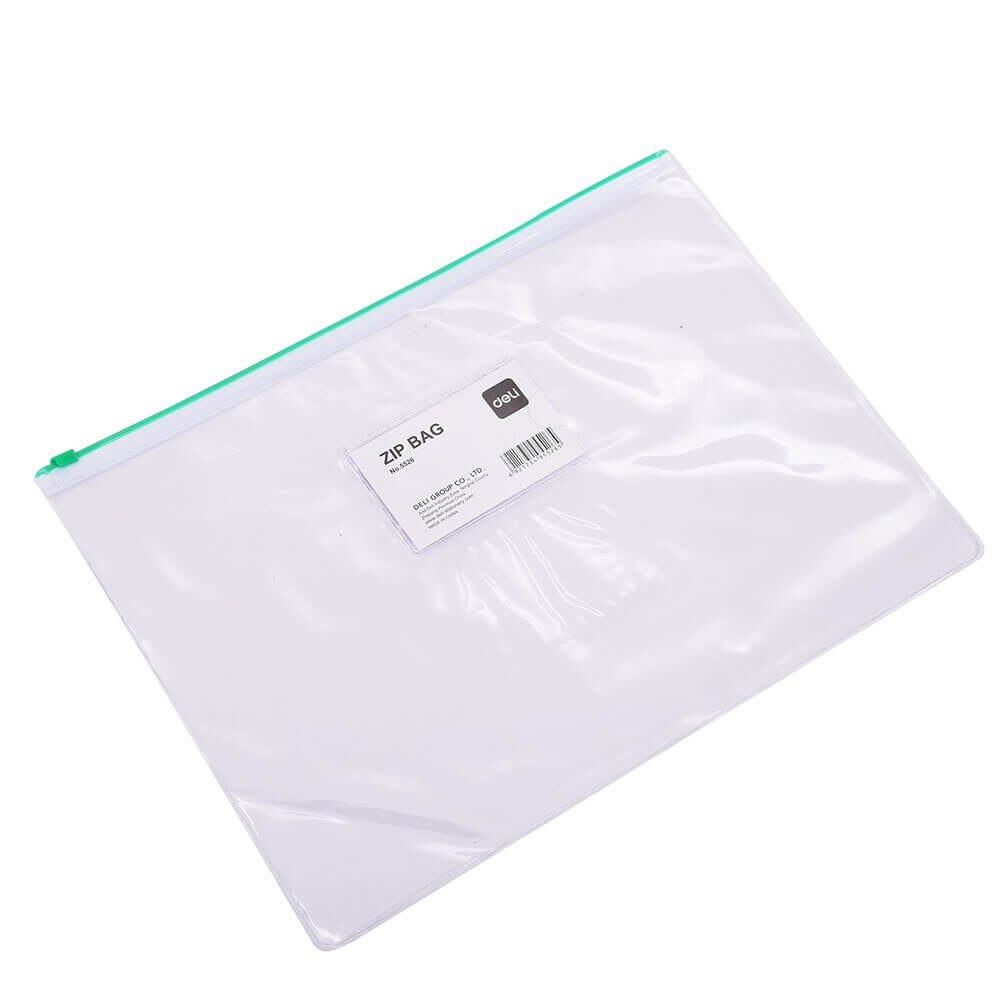 Mapa de Protectie A4 Tip Zip Deli, Buzunar pentru Carti de Vizita, Material PVC de 180 Microni, Verde