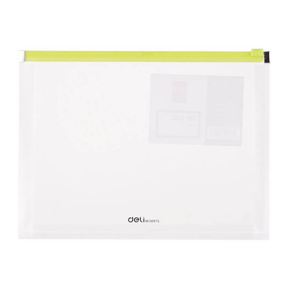 Mapa de Protectie A4 cu Burduf Deli, Tip Zip, Buzunar pentru Carti de Vizita, Material PVC de 180 Microni, Verde