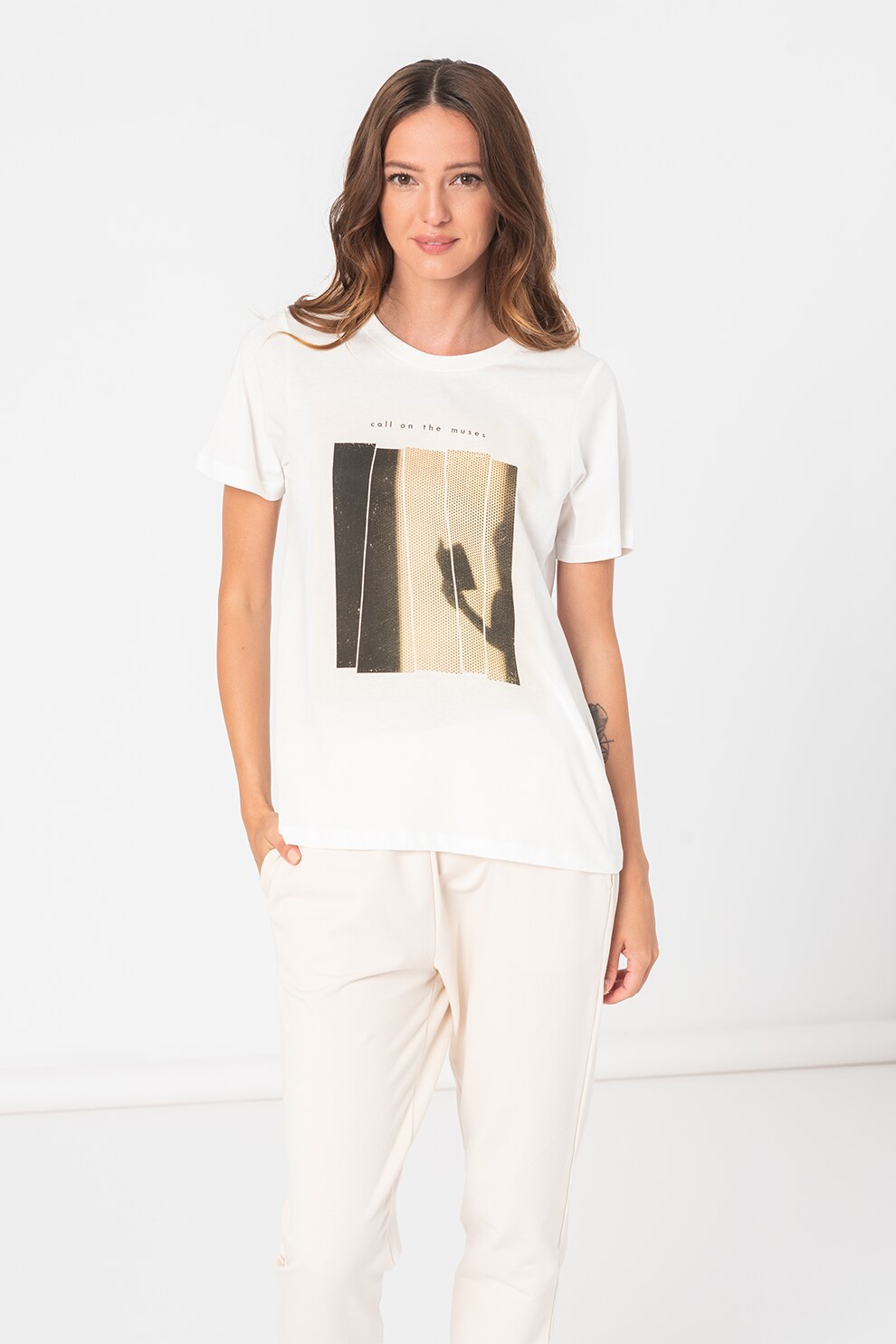 ICHI, Tricou lejer cu imprimeu grafic Jocinta, Alb/Bej/Negru