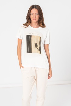 ICHI, Tricou lejer cu imprimeu grafic Jocinta, Alb/Bej/Negru ICHI, Tricou lejer cu imprimeu grafic Jocinta, Alb/Bej/Negru