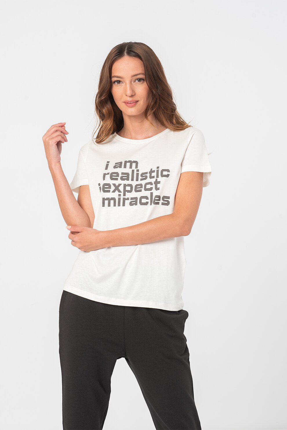 ICHI, Tricou de bumbac organic cu imprimeu text Camino, Alb/Negru