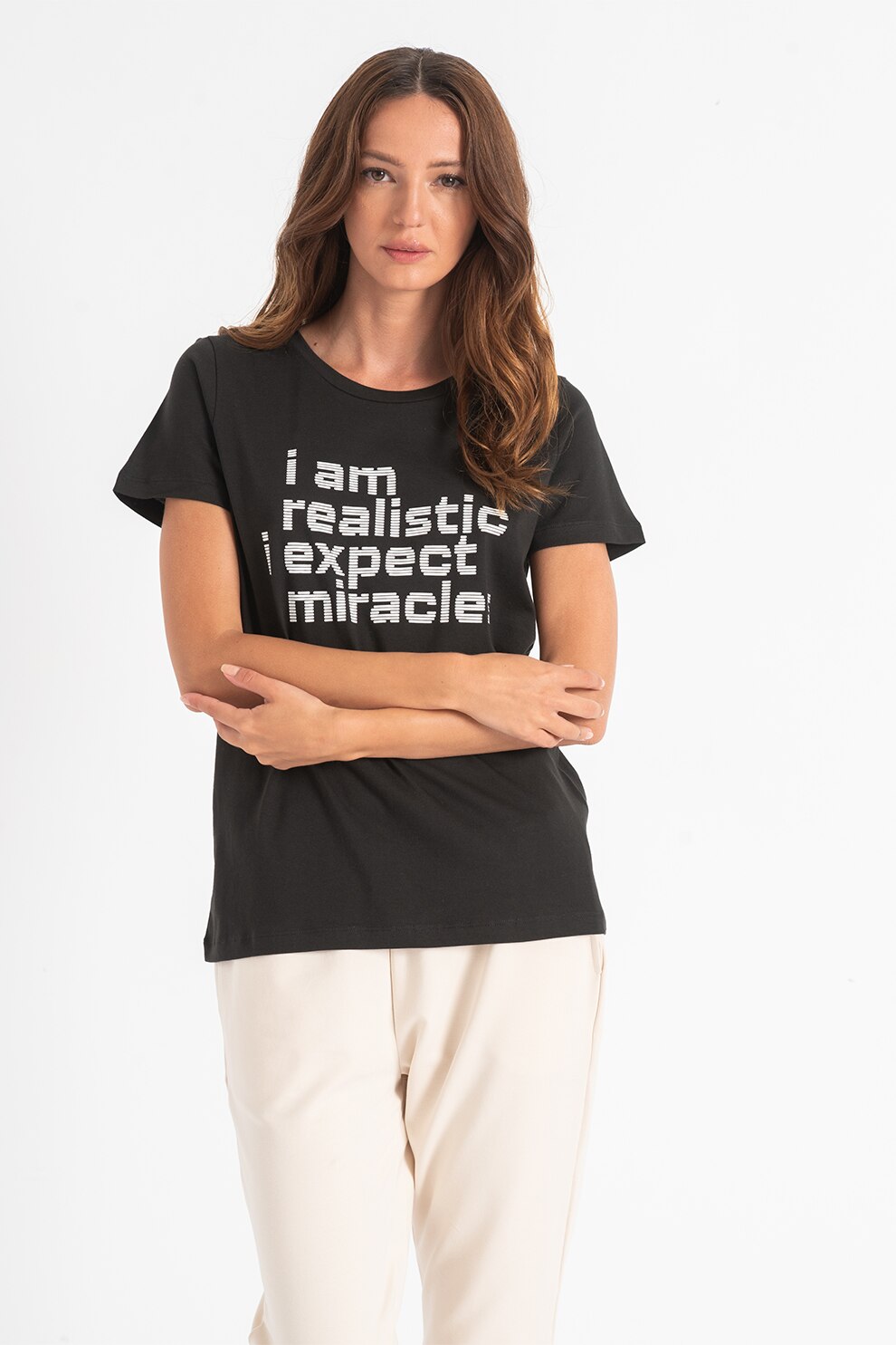 ICHI, Tricou de bumbac organic cu imprimeu text Camino, Negru/Alb