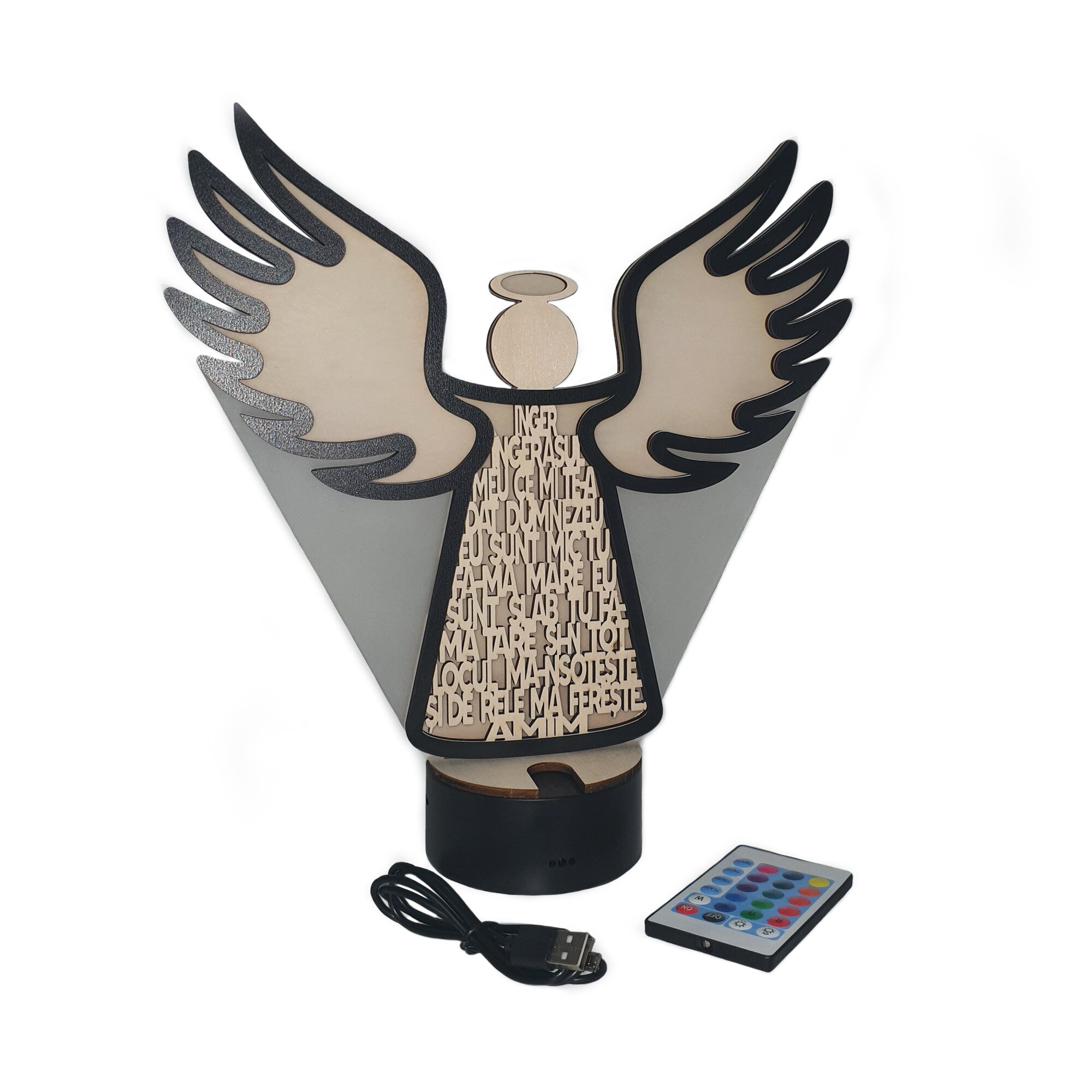 Cruce Ingerasul Meu, cu baza led RGB, din lemn, cu telecomanda, 30 cm