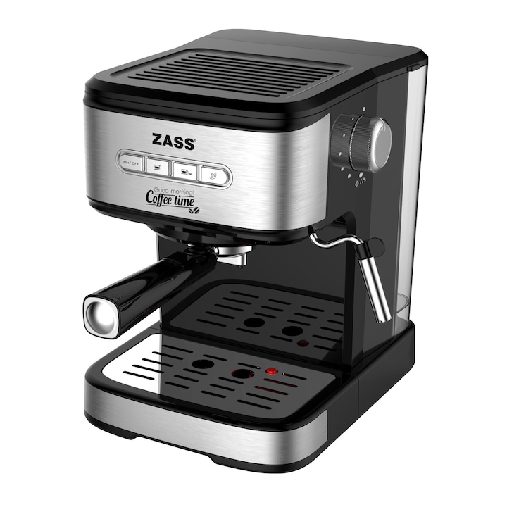 Espressor de cafea Zass ZEM 03, presiune 20 bari, 1,5 litrii, panou iluminat, dispozitiv spumare, 2 filtre