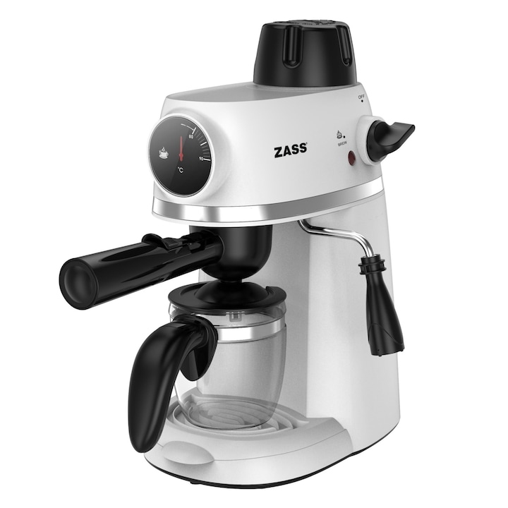 Кафе еспресо машина Zass ZEM 07 White, 800W, налягане 3.5 bar, 240ml, 2-4 чаши, индикатор за температура на водата