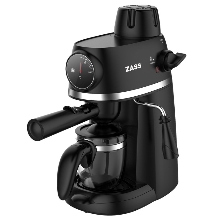 Кафе еспресо машина Zass ZEM 07 Black, 800W, налягане 3.5 бара, 240 мл, 2-4 чаши, Индикатор за температура на водата