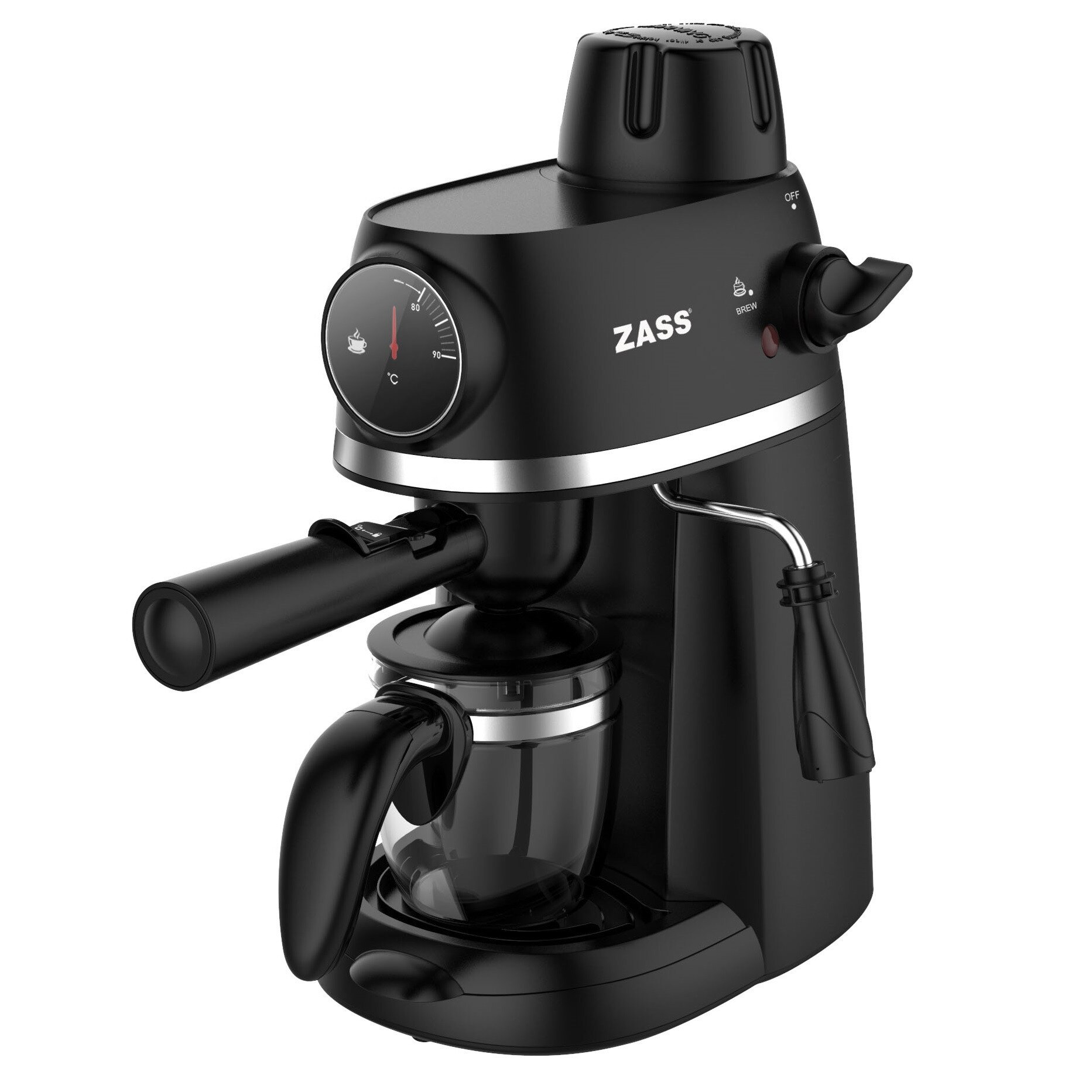 Espressor de cafea Zass ZEM 07 Negru, 800W, presiune 3,5 bari, 240ml, 2-4 cesti, Indicator temperatura apa