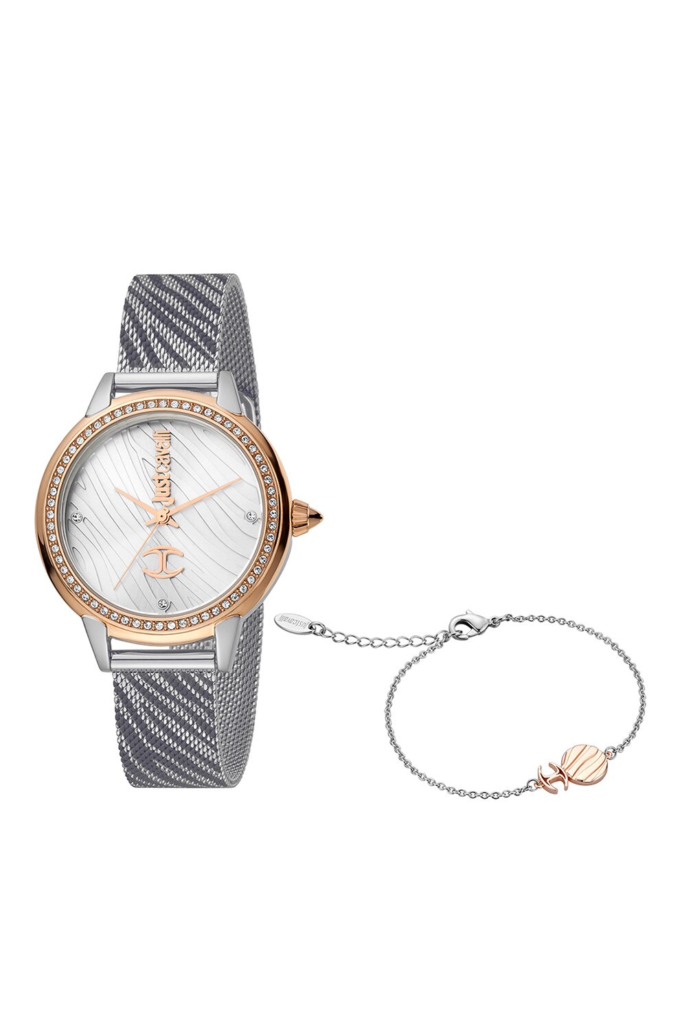JUST CAVALLI,Set de ceas cu trei indicatori si bratara - 2 piese, argintiu, auriu rose, argintiu inchis