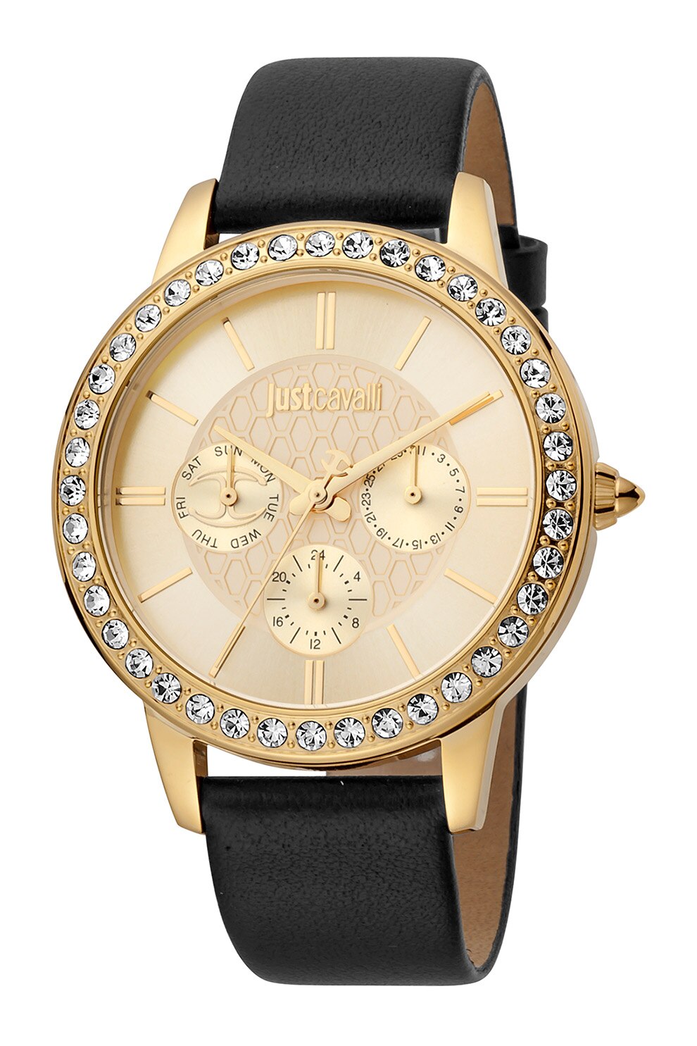 JUST CAVALLI, Ceas cu functii multiple decorat cu zirconia, Auriu/Negru