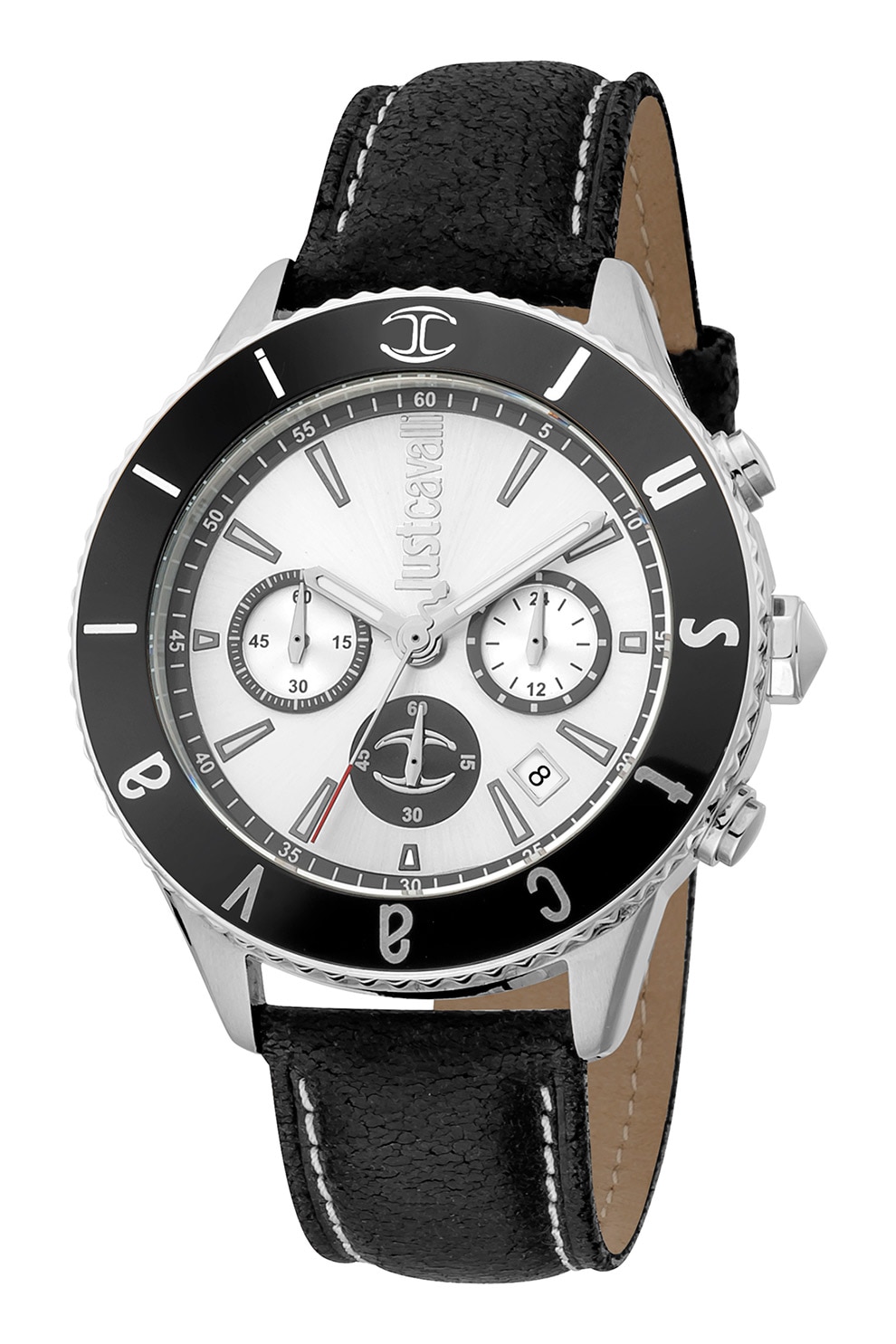 JUST CAVALLI, Ceas quartz cu o curea de piele, Argintiu/Negru