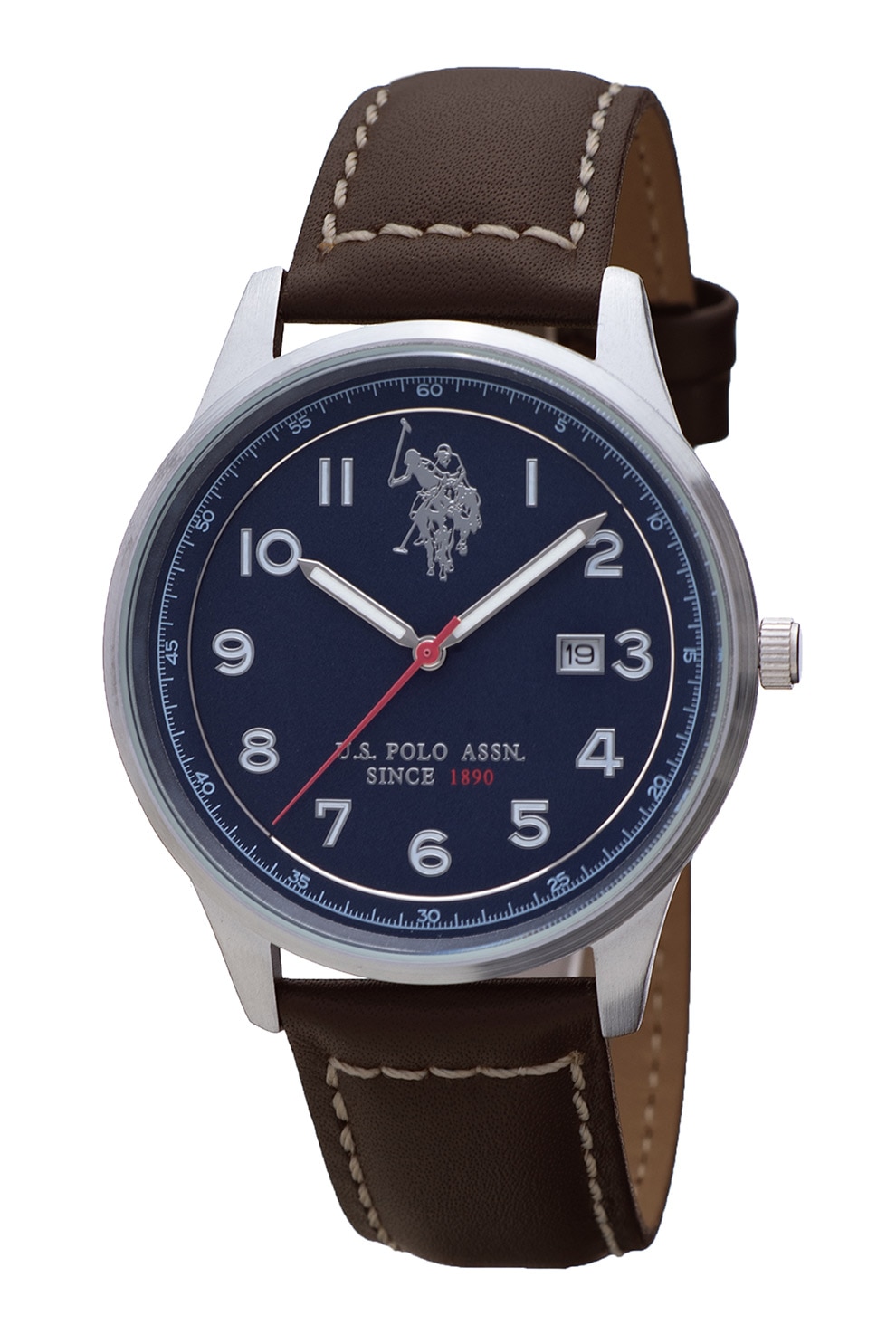 JUST CAVALLI, Ceas quartz cu o curea de piele si logo, argintiu, maro inchis, albastru inchis