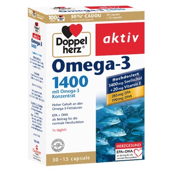 Omega-3 1400, Doppelherz Aktiv, Supliment alimentar recomandat pentru functionarea normala a intregului organism, 30+15 capsule Omega-3 1400, Doppelherz Aktiv, Supliment alimentar recomandat pentru functionarea normala a intregului organism, 30+15 capsule