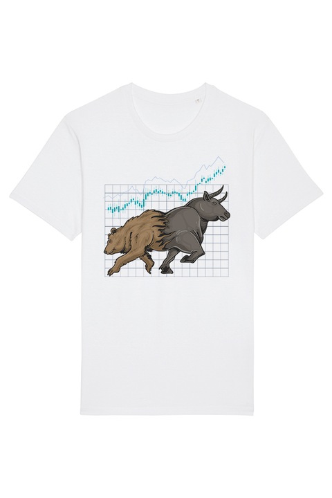 Smart Wear póló, Crypto Bear vs Bull Market illusztráció, 100% organikus pamut, hipoallergén, GOTS tanúsítvány, uniszex, Fehér