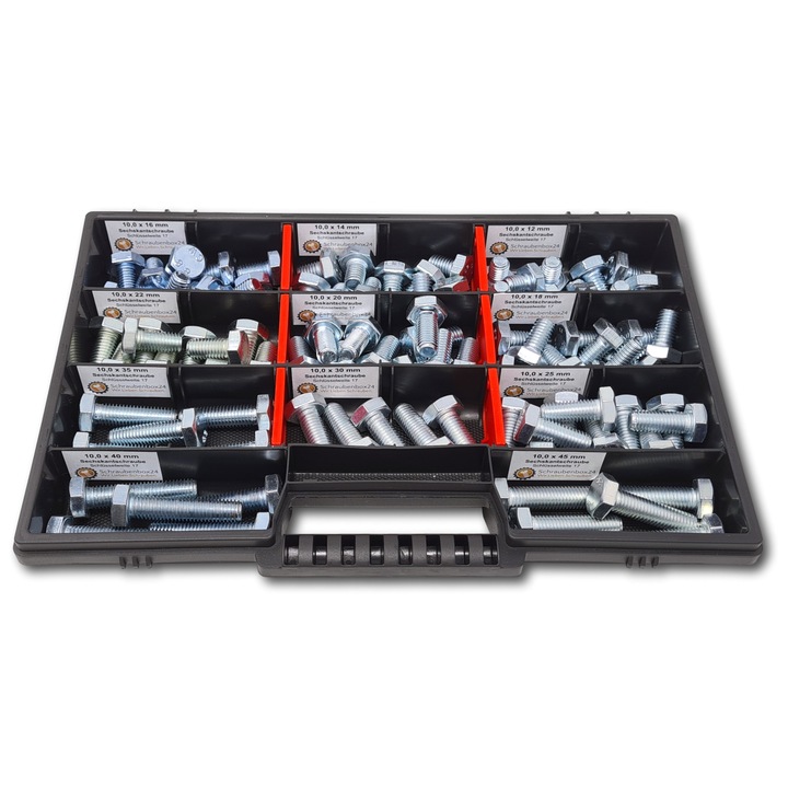 Set suruburi cu cap hexagonal, Schraubenbox24, M10 / 12mm-45mm, 90 buc